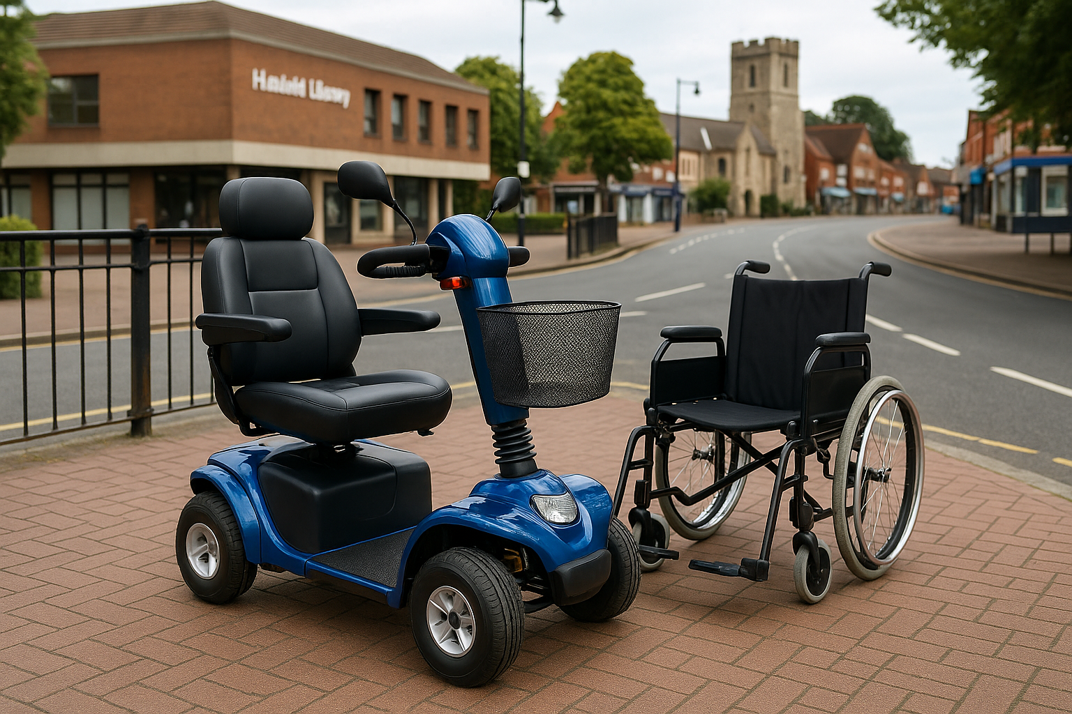 Mobility Scooter & Wheelchair a mobility scooter and wheelchair in the middle of a town square