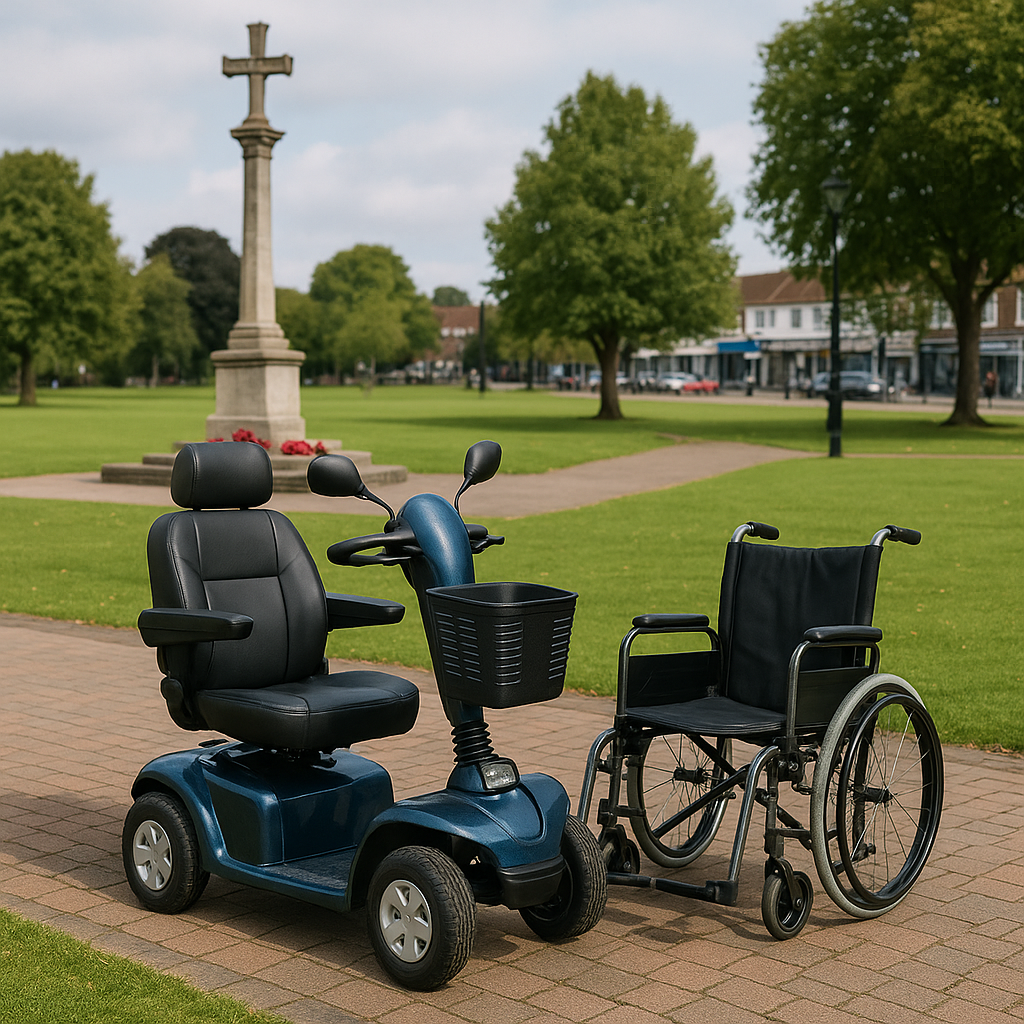 mobile scooter and wheelchair empty in the middle of a park