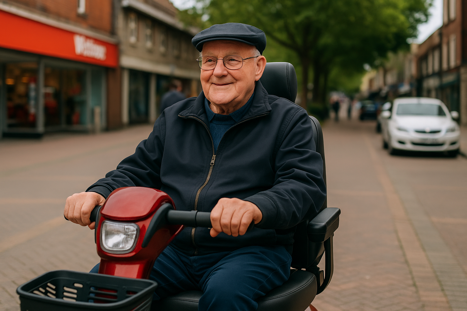 Person on mobility scooter elderly person in town on a mobility scooter