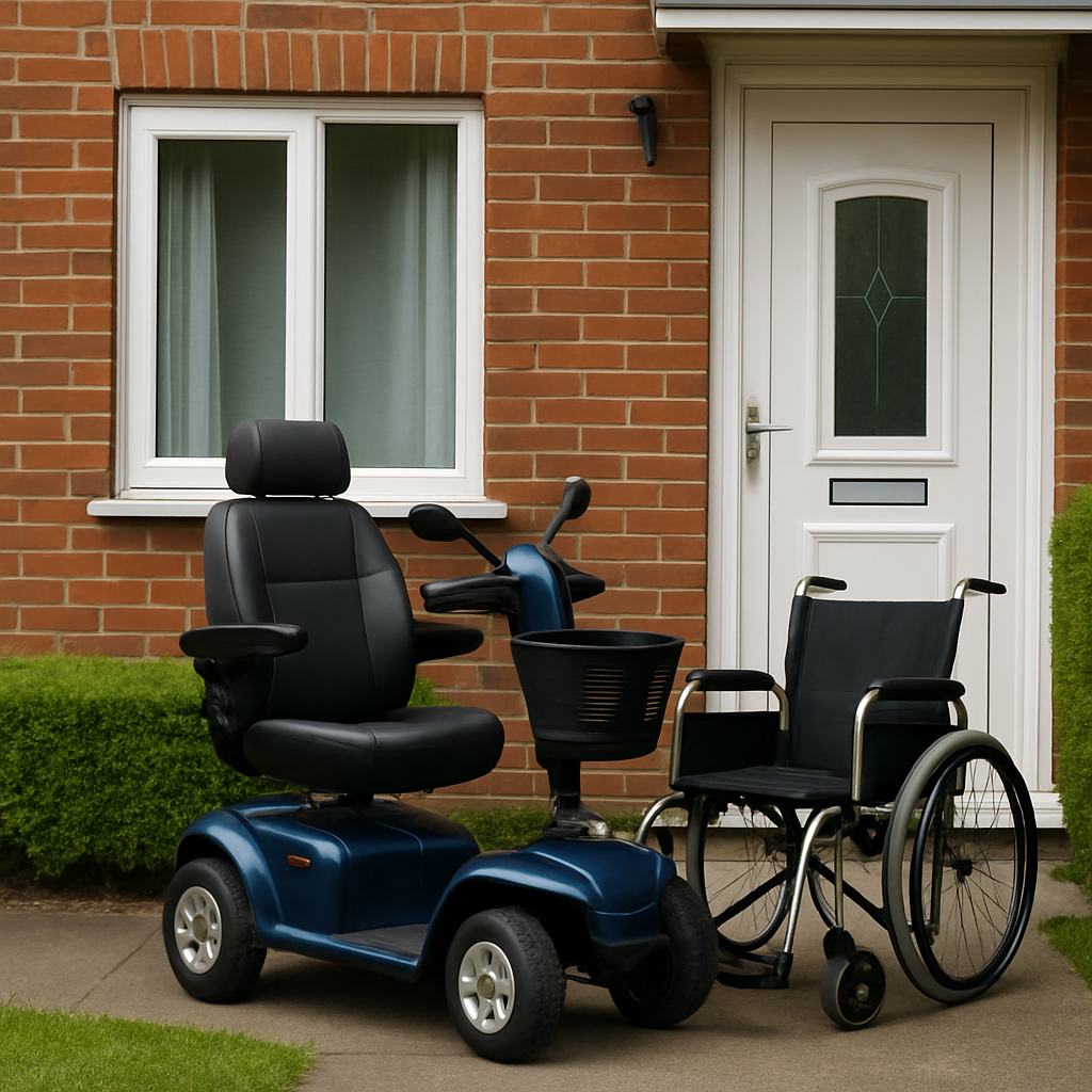 a mobility scooter and wheelchair in front of a house