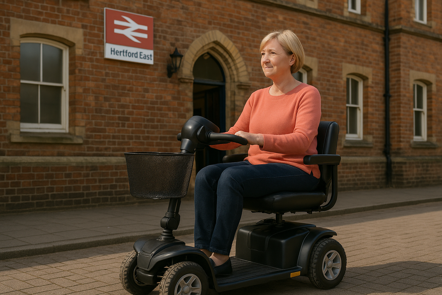 person-outside-hertford-east-station-on-a-mobility-scooter person outside hertford east station on a mobility scooter