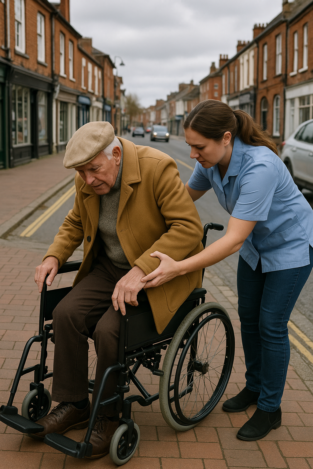 a woman helping an elderly person in/out of a wheelchair
