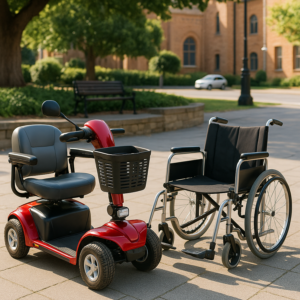 hitchin mobility hire a mobility scooter and a wheelchair next to each other in the middle of hitchin town square