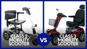 a class 2 mobility scooter facing a class 3 mobility scooter to show their differences